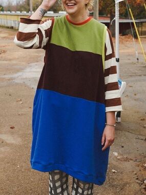 ISO State the Label Sweatvest Dress Colorblock Oversized  - Green, Brown & Blue